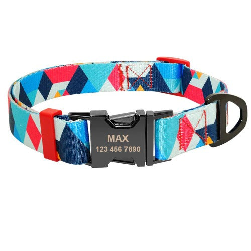 Geometric pattern colorful nylon name collar with engraved buckle in 2 colors S-L - personalized custom engraved id tag dog cat collar personlig tilpasset gravere hund katt halsbånd 