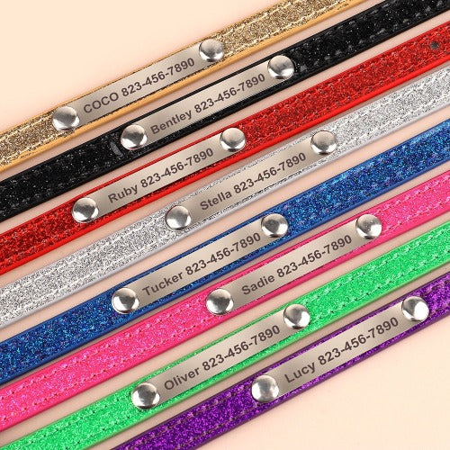 Lite glitrende halsbånd med navneskilt i 8 farger XS-M