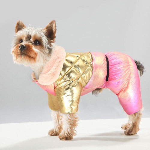 Fargerik, metallisk varm kjeledress med hette til hund i 3 farger