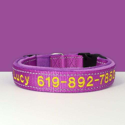 Hundehalsbånd i myk nylon med brodert navn på i 10 farger S-XL