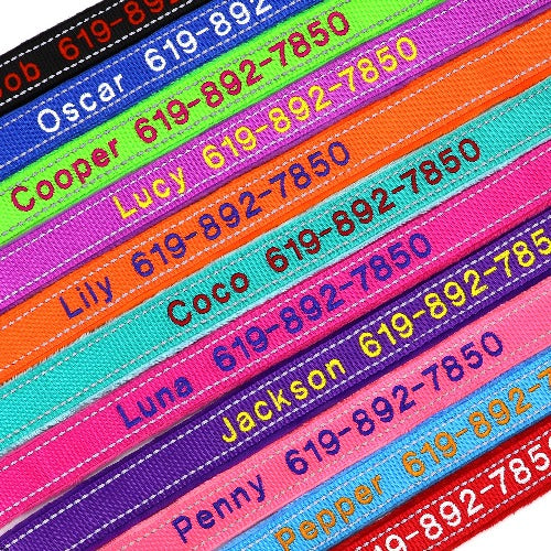 Hundehalsbånd i myk nylon med brodert navn på i 10 farger S-XL