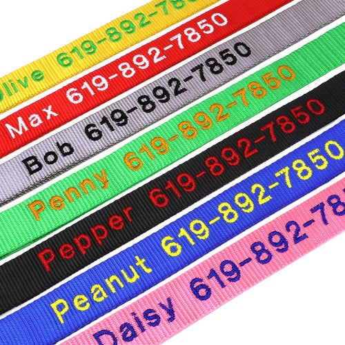 Nylonhalsbånd for hund med brodert navn og telefonnummer i 7 farger S-XL