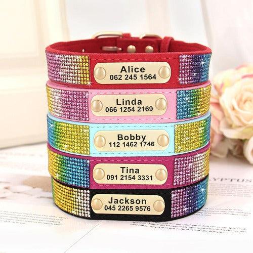 Regnbuekrystall hundehalsbånd i semsket skinn med navneskilt i 5 farger XS-L hundehalsbånd med diamanter