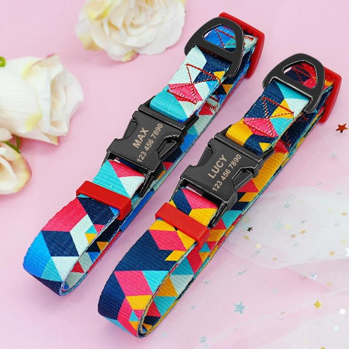 Geometric pattern colorful nylon name collar with engraved buckle in 2 colors S-L - personalized custom engraved id tag dog cat collar personlig tilpasset gravere hund katt halsbånd 