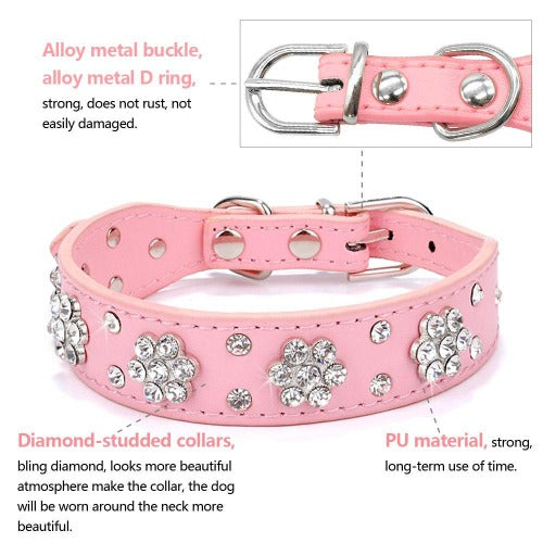 Princess collar with flower rhinestones in 4 colors S-M - personalized custom engraved id tag dog cat collar personlig tilpasset gravere hund katt halsbånd 