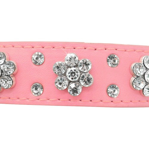 Princess collar with flower rhinestones in 4 colors S-M - personalized custom engraved id tag dog cat collar personlig tilpasset gravere hund katt halsbånd 