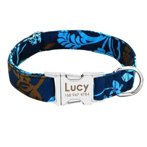 Colorful unique fabric collar in 6 happy print with engraved metal buckle ID S-L - personalized custom engraved id tag dog cat collar personlig tilpasset gravere hund katt halsbånd 