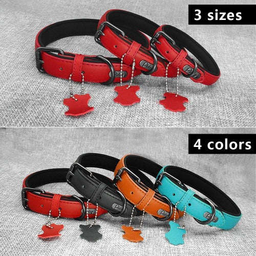 Colored quality genuine leather collar with pendant in 4 colors S-L - personalized custom engraved id tag dog cat collar personlig tilpasset gravere hund katt halsbånd 