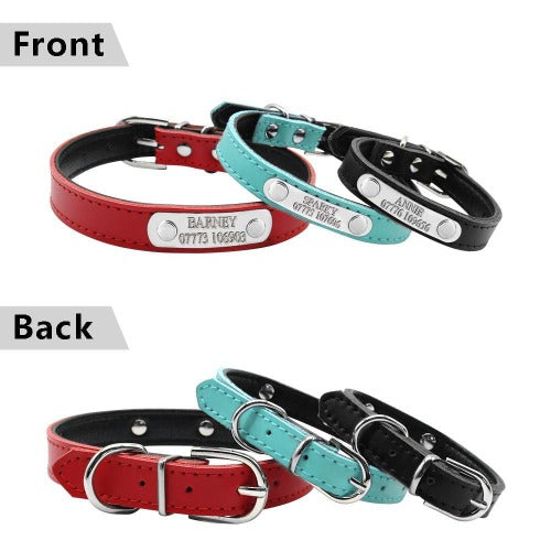 Basic leather collar in 7 colors with engraved nameplate XS-M - personalized custom engraved id tag dog cat collar personlig tilpasset gravere hund katt halsbånd 