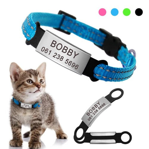 Light reflective nylon collar with replaceable engraved nameplate in 4 colors XXS-XS - personalized custom engraved id tag dog cat collar personlig tilpasset gravere hund katt halsbånd 