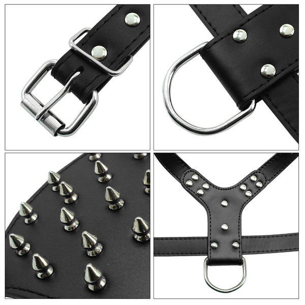 Spiked rivet large leather harness in 5 colors - personalized custom engraved id tag dog cat collar personlig tilpasset gravere hund katt halsbånd 