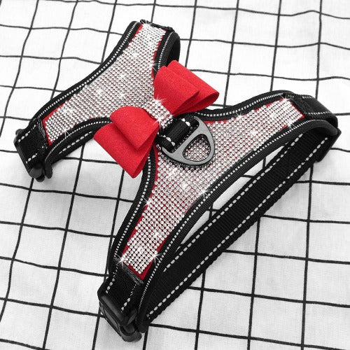 Bling diamond light reflective harness with bow in 3 colors S-L - personalized custom engraved id tag dog cat collar personlig tilpasset gravere hund katt halsbånd 