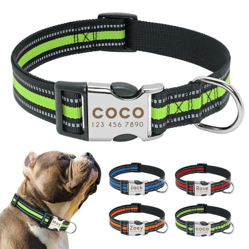 Basic nylon reflective safety collar with personalized engraved buckle in 4 colors S-L - personalized custom engraved id tag dog cat collar personlig tilpasset gravere hund katt halsbånd 