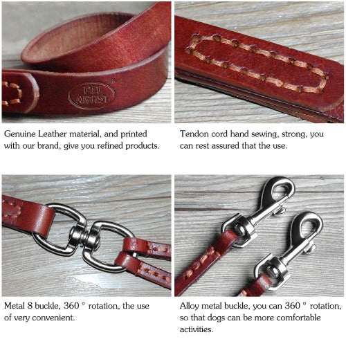 High quality 2 way genuine leather leash for 2 dogs - personalized custom engraved id tag dog cat collar personlig tilpasset gravere hund katt halsbånd 