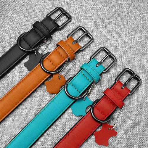 Colored quality genuine leather collar with pendant in 4 colors S-L - personalized custom engraved id tag dog cat collar personlig tilpasset gravere hund katt halsbånd 