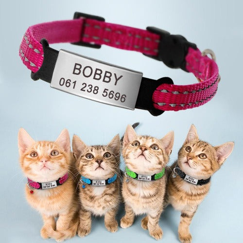 Light reflective nylon collar with replaceable engraved nameplate in 4 colors XXS-XS - personalized custom engraved id tag dog cat collar personlig tilpasset gravere hund katt halsbånd 