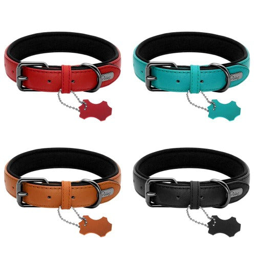 Colored quality genuine leather collar with pendant in 4 colors S-L - personalized custom engraved id tag dog cat collar personlig tilpasset gravere hund katt halsbånd 