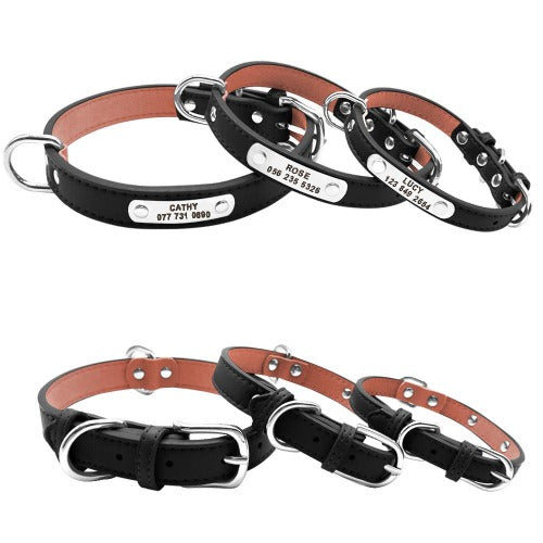 PU leather collar with engraved nameplate in 3 colors S-L - personalized custom engraved id tag dog cat collar personlig tilpasset gravere hund katt halsbånd 