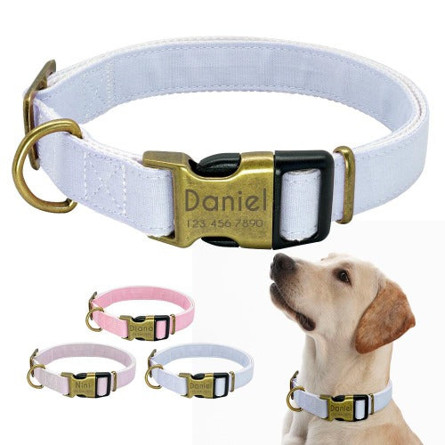 Vintage style pastel canvas collar with personalized engraved bukle in 3 colors S-L - personalized custom engraved id tag dog cat collar personlig tilpasset gravere hund katt halsbånd 