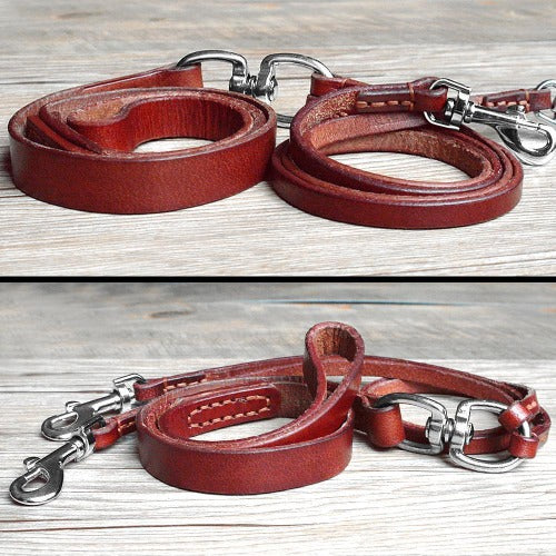 High quality 2 way genuine leather leash for 2 dogs - personalized custom engraved id tag dog cat collar personlig tilpasset gravere hund katt halsbånd 