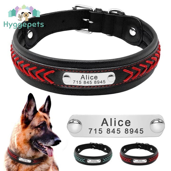 Premium hundehalsbånd i skinn med semsket fletning og gravert navneplate i 2 farger M-XL - Hygge-Pets