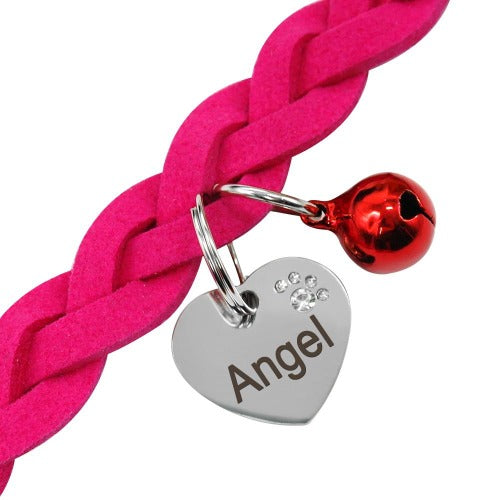 Braided suede leather collar with bling heart engraved ID tag in 3 colors XS-M - personalized custom engraved id tag dog cat collar personlig tilpasset gravere hund katt halsbånd 
