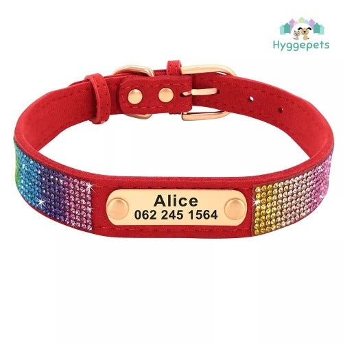 Regnbuekrystall hundehalsbånd i semsket skinn med navneskilt i 5 farger XS-L